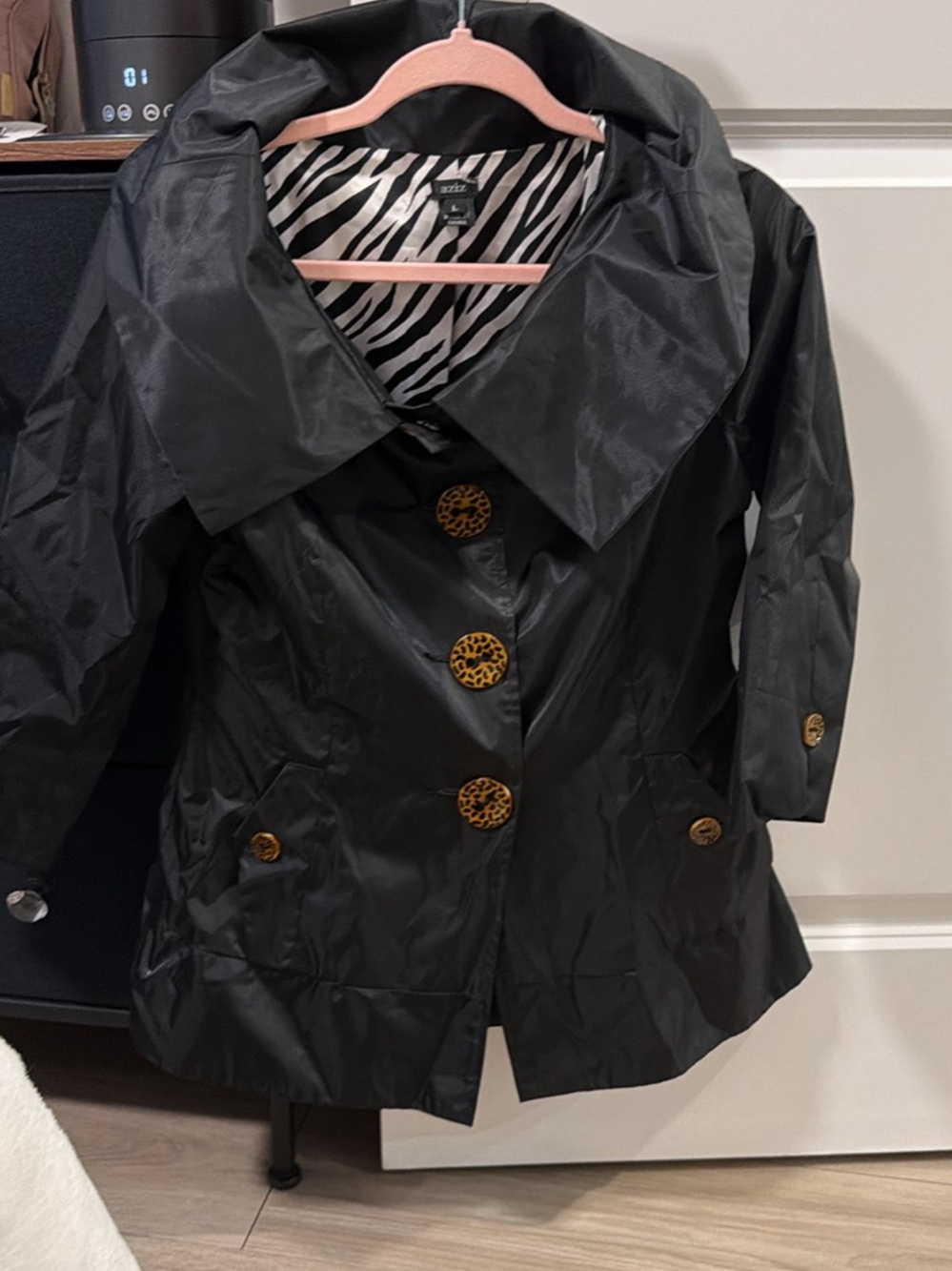 Black Women's Water-Resistant Trench Coat with Leopard Buttons